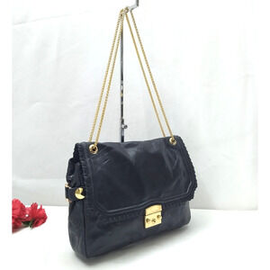 BE & D Black Leather Chain Strap Push Lock Flap Closure Crossbody Shoulder Bag